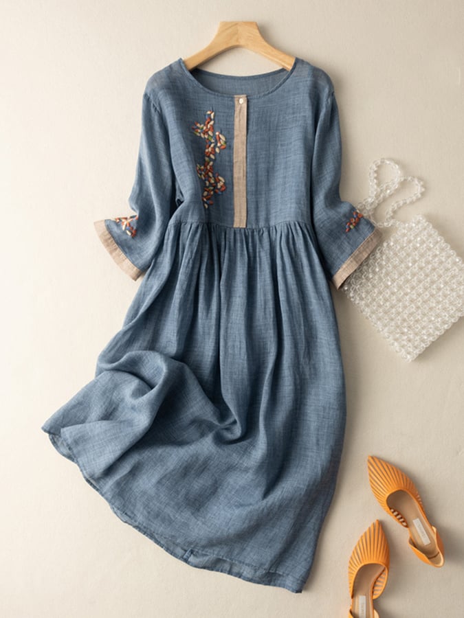 Nadia Women's Dress – Embroidered Cotton-Linen Dress with Ethnic-Inspired Design and Relaxed Fit