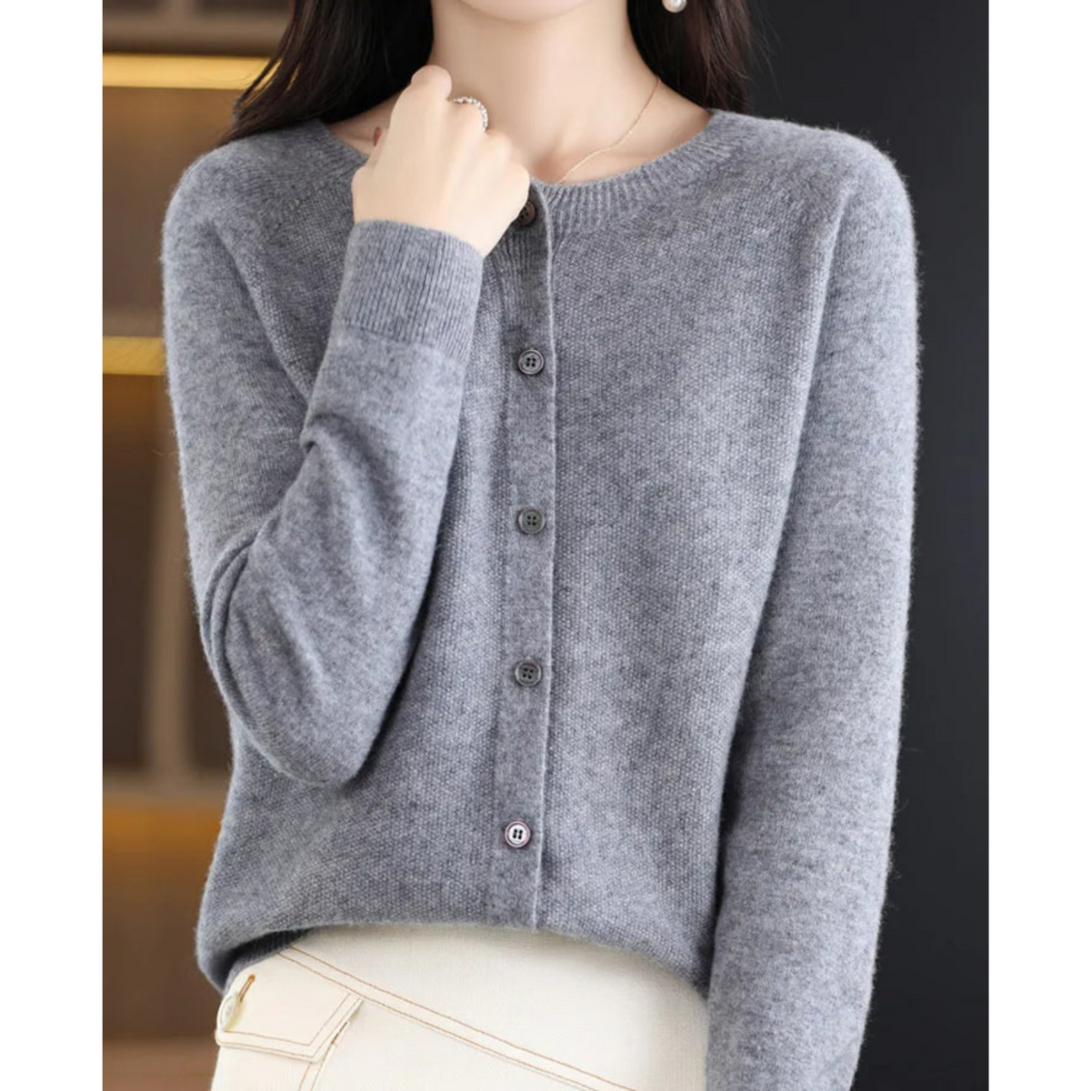 Odette Women's Cardigan – Elegant Soft Merino Wool & Cashmere Cardigan with Crew Neck
