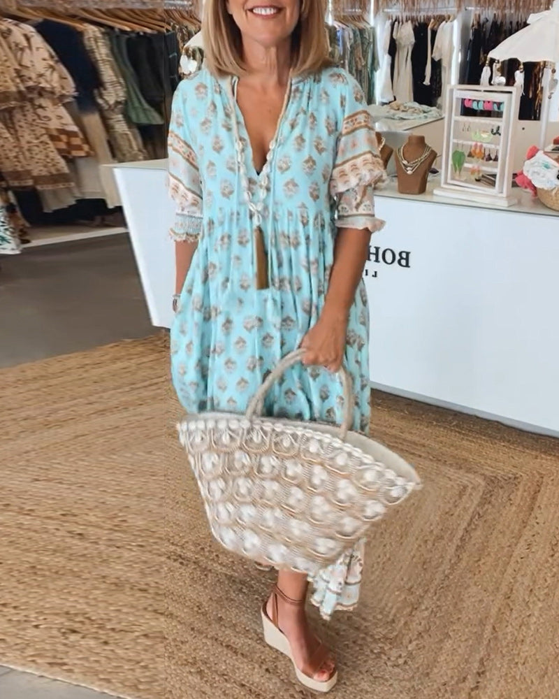 Marina Women's Dress – Printed V-Neck Dress with Mid-Length Sleeves & Comfortable Fit