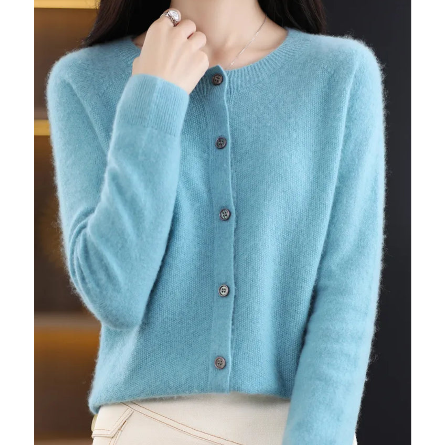 Odette Women's Cardigan – Elegant Soft Merino Wool & Cashmere Cardigan with Crew Neck