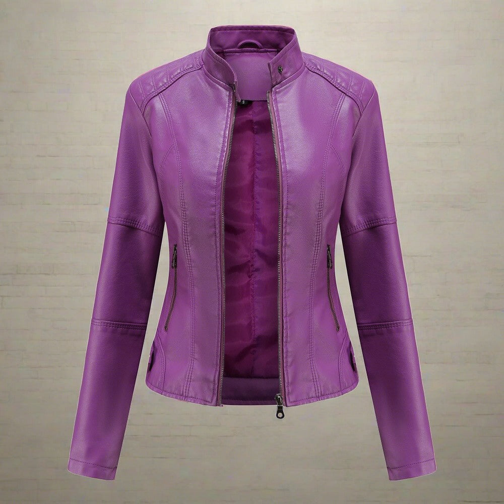 Isabelle Women's Leather Jacket – Elegant Regular Fit with Zippered Pockets & Zip Closure