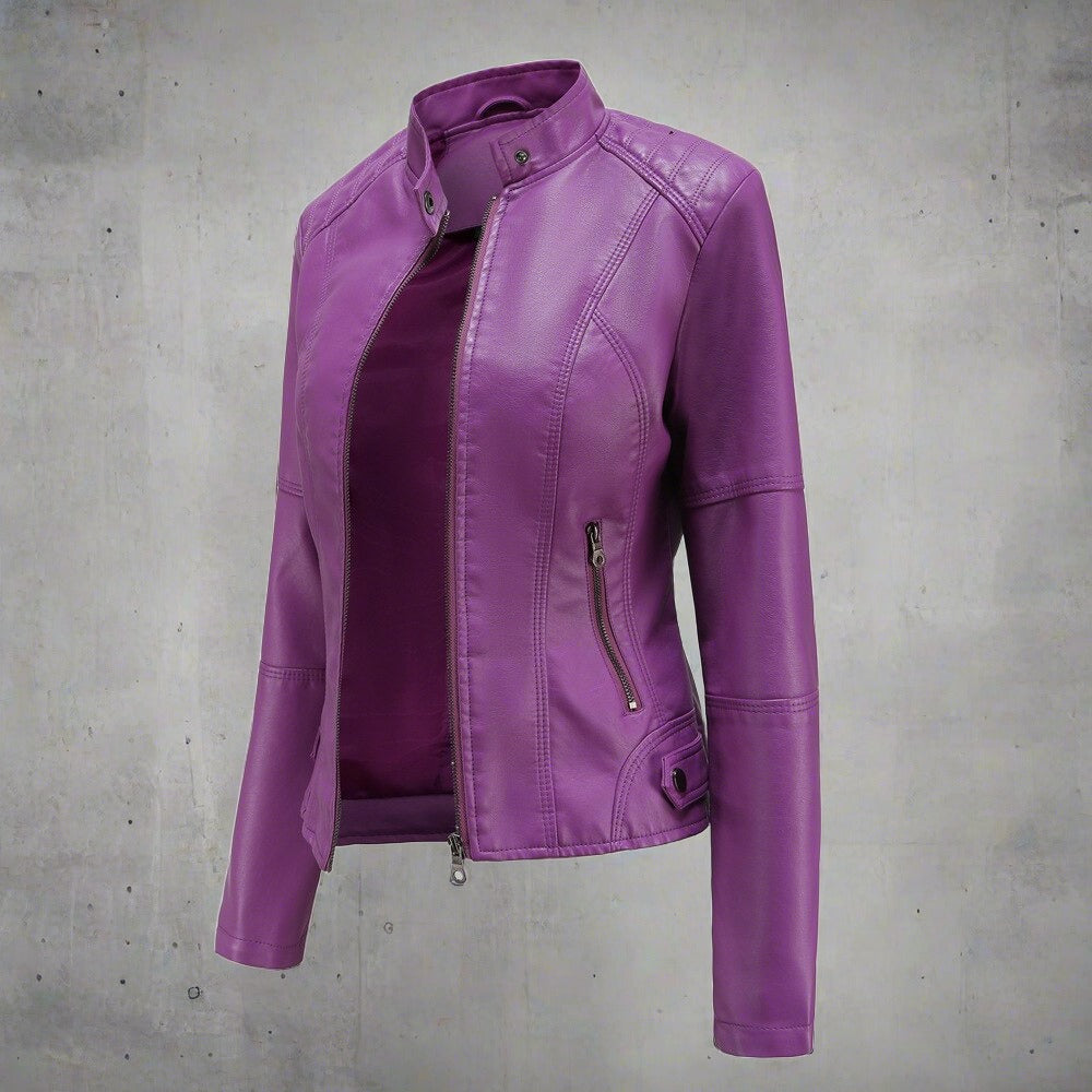 Isabelle Women's Leather Jacket – Elegant Regular Fit with Zippered Pockets & Zip Closure