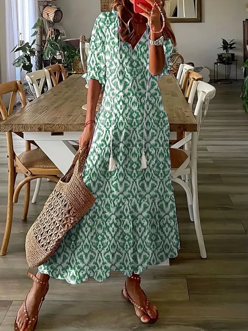 Marisol Women's Boho Dress – Elegant Ruffled Summer Dress with V-Neck & Ikat Print