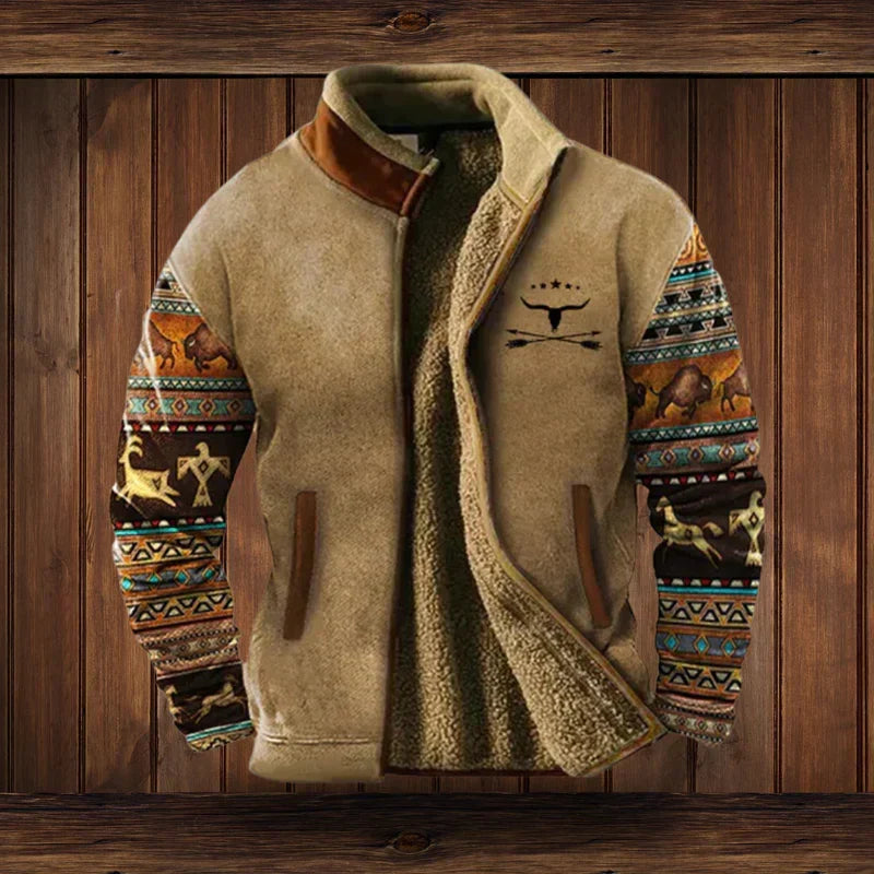 Elliot Warm Western-Style Jacket – Fleece Lining & Tribal-Inspired Patterns for Cozy Winter Warmth
