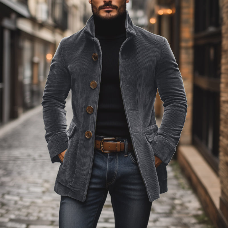 Jasper Men's Corduroy Coat – Slim Fit with Stand Collar & Elegant Side Pockets