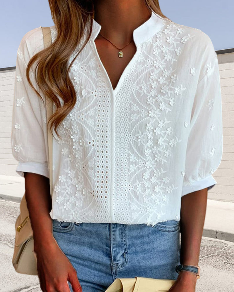 Sophie Women's Blouse – V-Neck Top with Puff Sleeves, Cotton Blend & Patchwork Accents