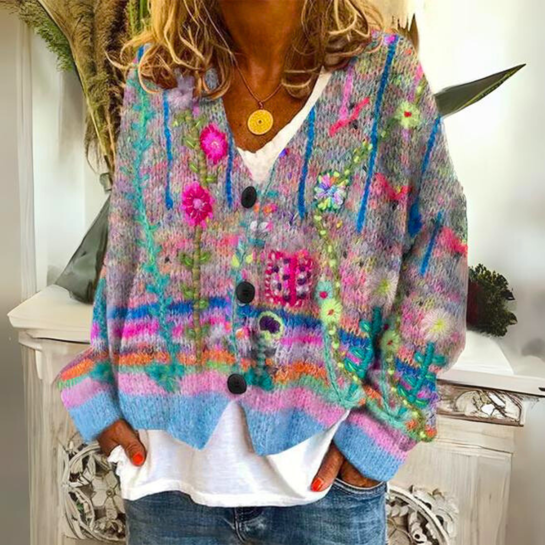 Rosalie Bohemian Cardigan – Multicolor Cardigan with Floral Embroidery and a Loose, Relaxed Fit