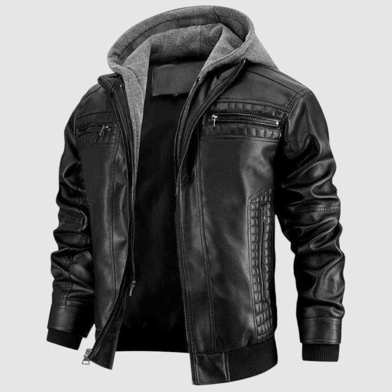 Dorian Men's Leather Jacket – Retro Biker Style with Hood & Zip Closure