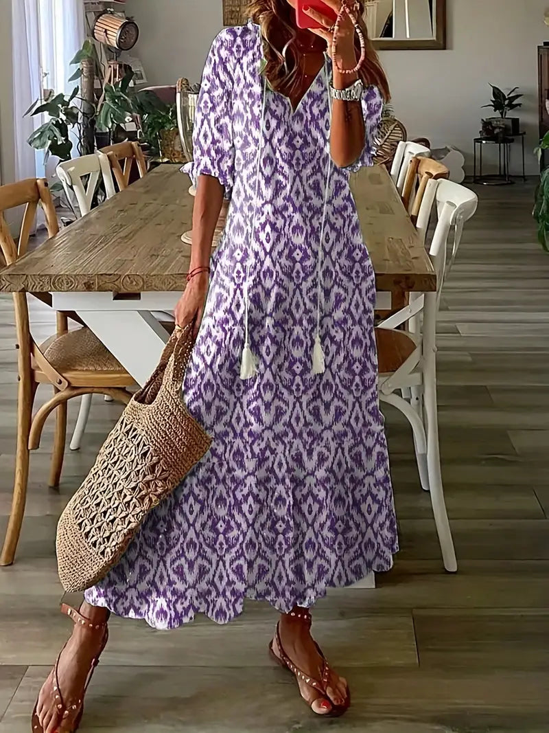 Marisol Women's Boho Dress – Elegant Ruffled Summer Dress with V-Neck & Ikat Print