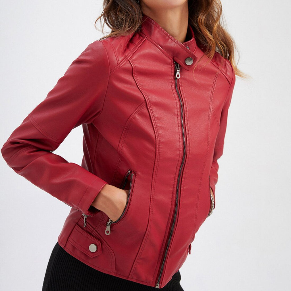Isabelle Women's Leather Jacket – Elegant Regular Fit with Zippered Pockets & Zip Closure