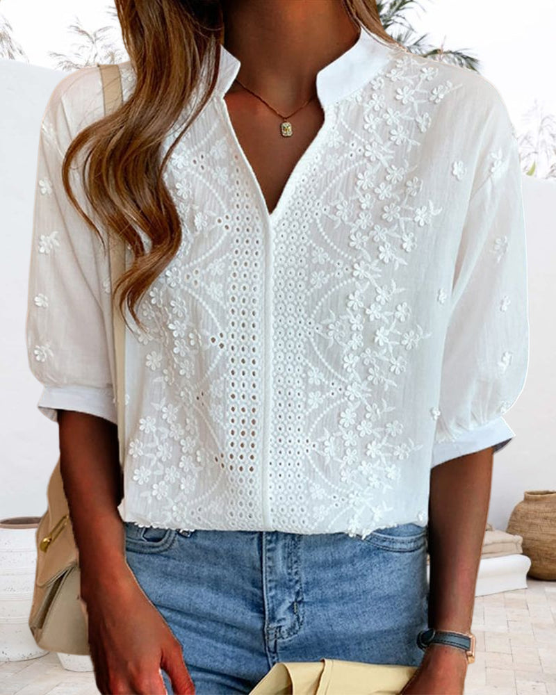 Sophie Women's Blouse – V-Neck Top with Puff Sleeves, Cotton Blend & Patchwork Accents