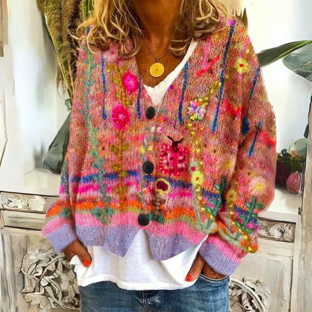 Rosalie Bohemian Cardigan – Multicolor Cardigan with Floral Embroidery and a Loose, Relaxed Fit