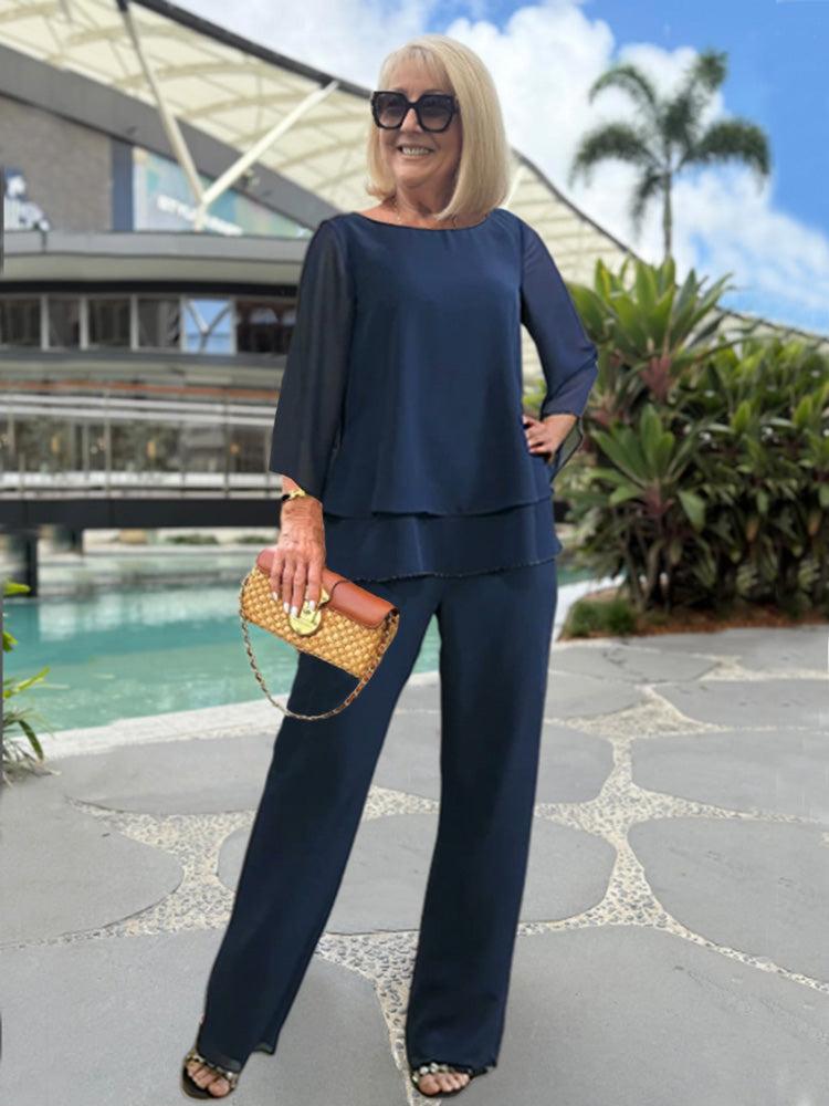 Adeline Women's Two-Piece Set – Elegant 3/4-Sleeve Top & Comfortable Pants for Every Occasion