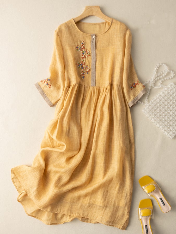 Nadia Women's Dress – Embroidered Cotton-Linen Dress with Ethnic-Inspired Design and Relaxed Fit