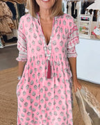 Marina Women's Dress – Printed V-Neck Dress with Mid-Length Sleeves & Comfortable Fit