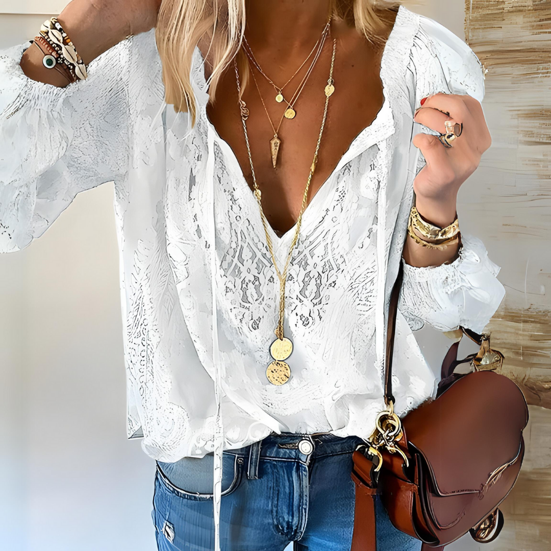 Rosalind Women's Blouse – Elegant Lace Blouse with Bow & Sheer Details