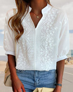 Sophie Women's Blouse – V-Neck Top with Puff Sleeves, Cotton Blend & Patchwork Accents