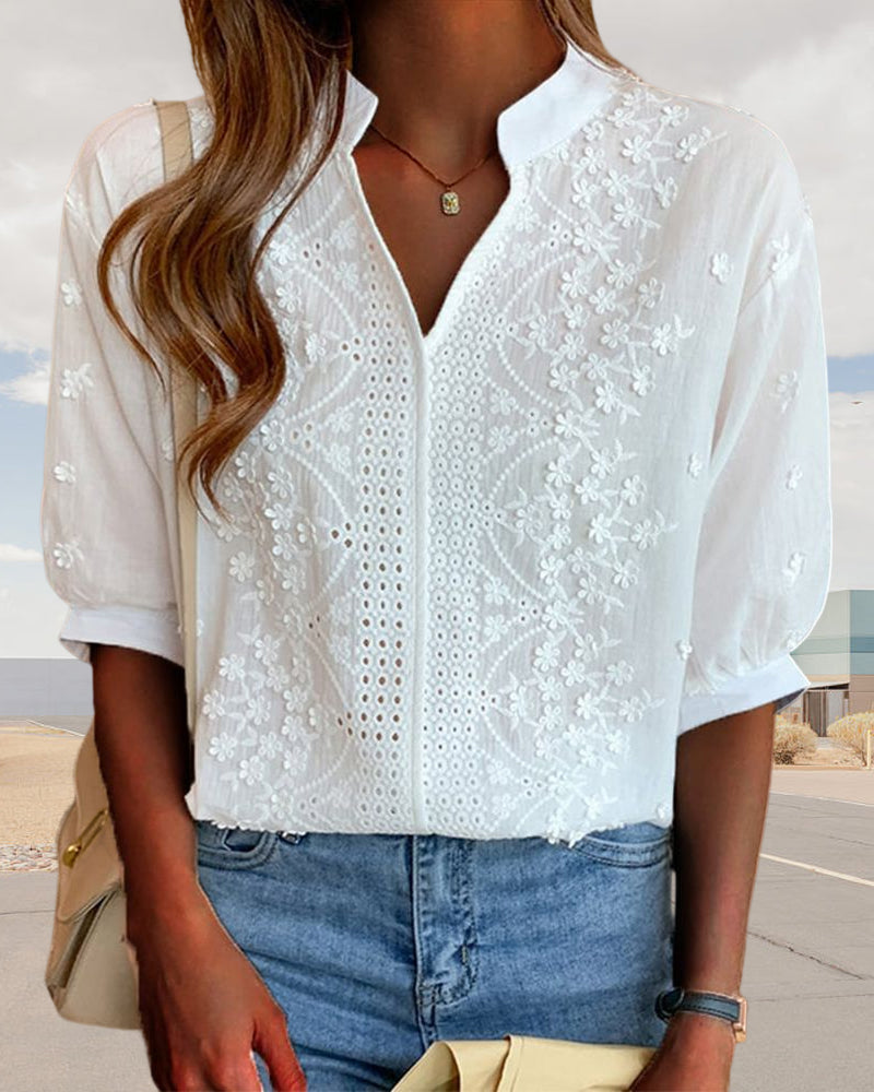 Sophie Women's Blouse – V-Neck Top with Puff Sleeves, Cotton Blend & Patchwork Accents