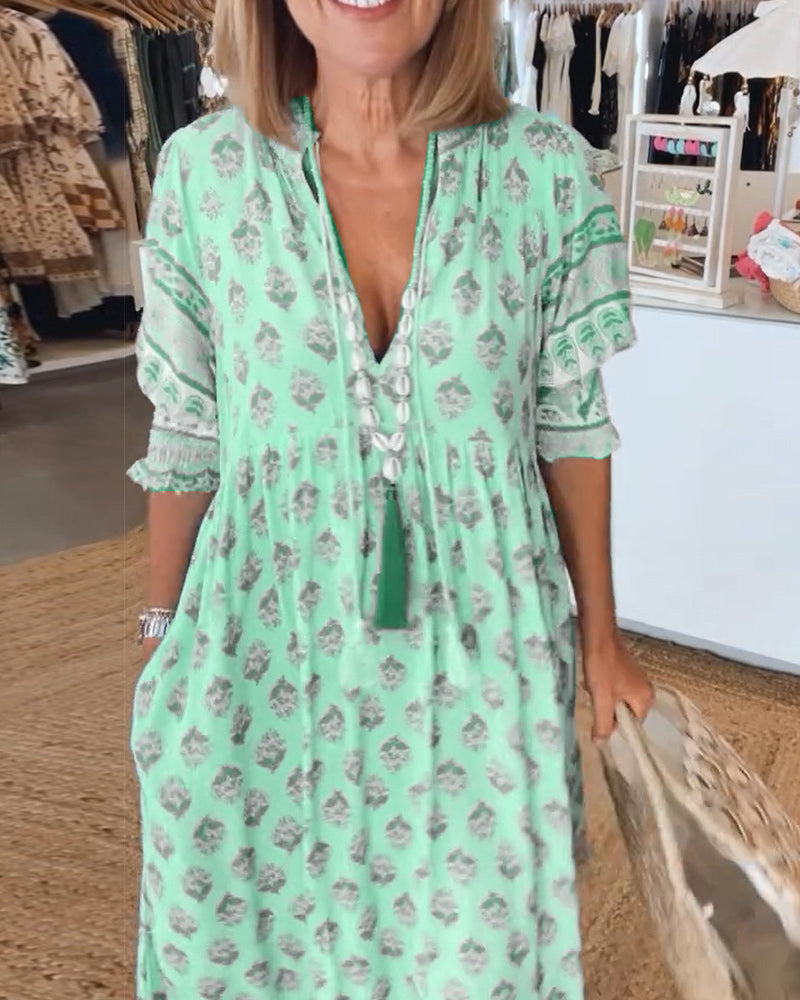 Marina Women's Dress – Printed V-Neck Dress with Mid-Length Sleeves & Comfortable Fit