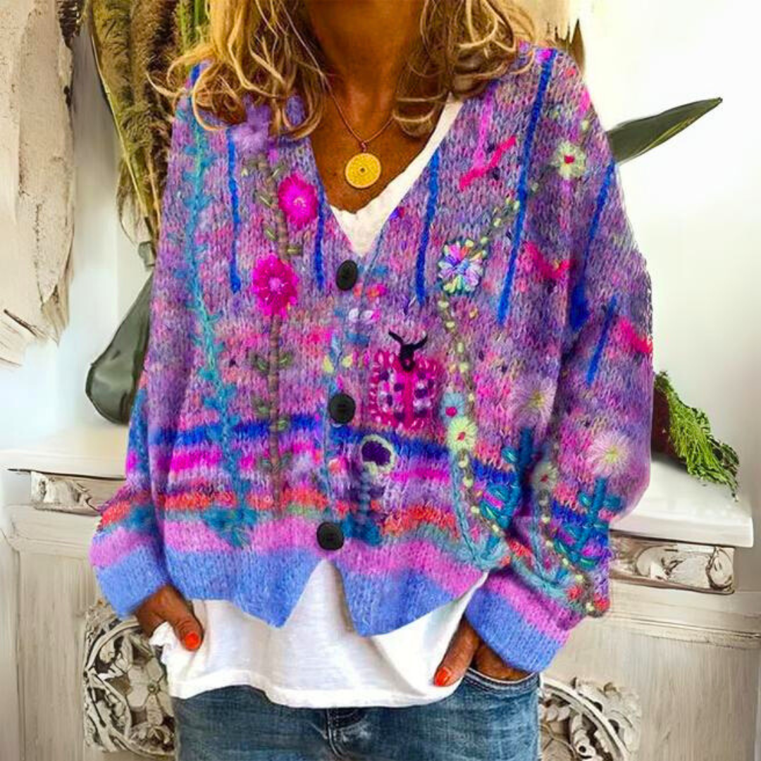 Rosalie Bohemian Cardigan – Multicolor Cardigan with Floral Embroidery and a Loose, Relaxed Fit