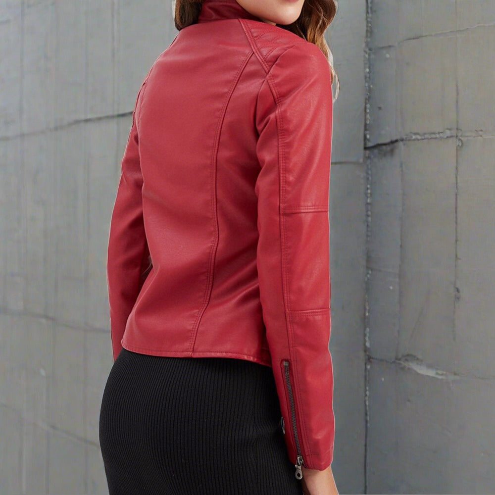 Isabelle Women's Leather Jacket – Elegant Regular Fit with Zippered Pockets & Zip Closure