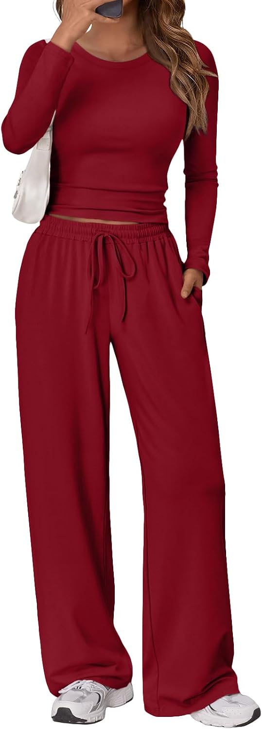 Erin Women's Two-Piece Lounge Set – Ruched Long-Sleeve Top & Wide-Leg Trousers