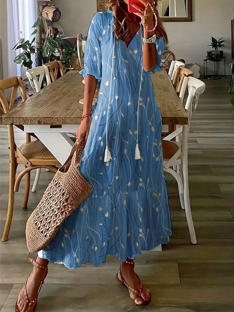 Marisol Women's Boho Dress – Elegant Ruffled Summer Dress with V-Neck & Ikat Print