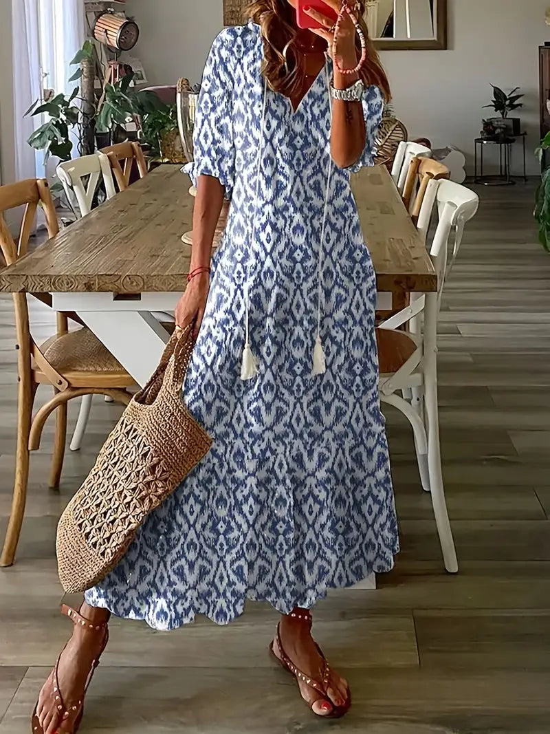 Marisol Women's Boho Dress – Elegant Ruffled Summer Dress with V-Neck & Ikat Print