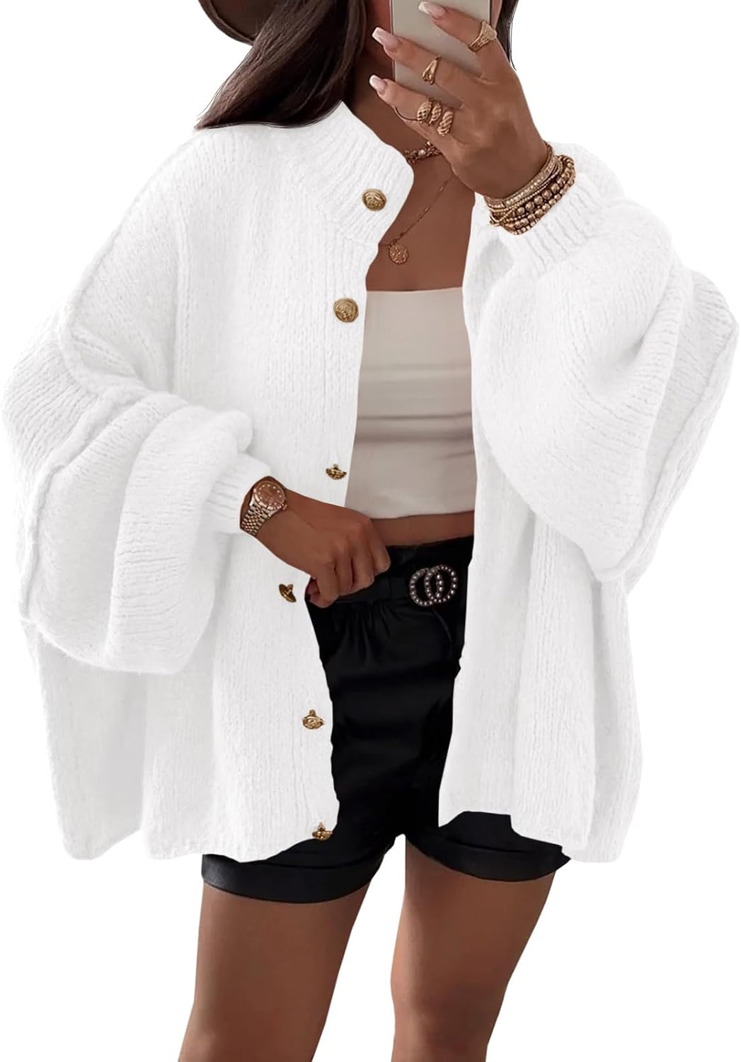 Isla Women's Oversized Cardigan – Lantern Sleeves, Ribbed Knit & Button Front