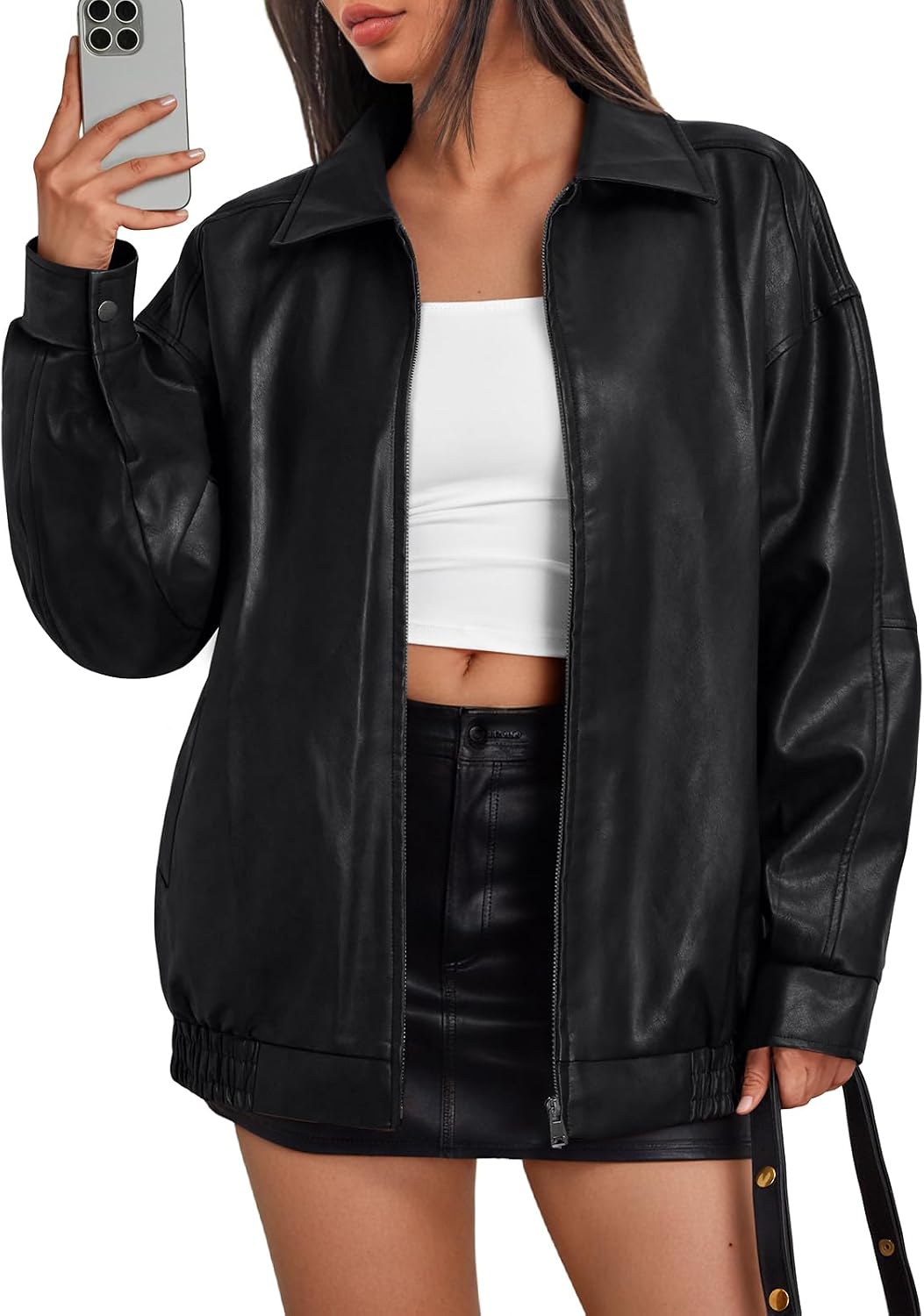 Lydia Women's Vegan Leather Bomber Jacket – Oversized Boyfriend Fit & Zip Front