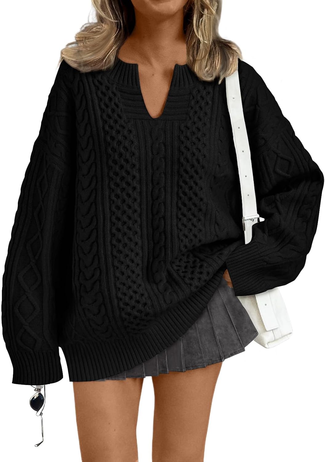Aurora Women's Cable Knit V-Neck Sweater – Drop Shoulders, Ribbed Trims & Relaxed Fit