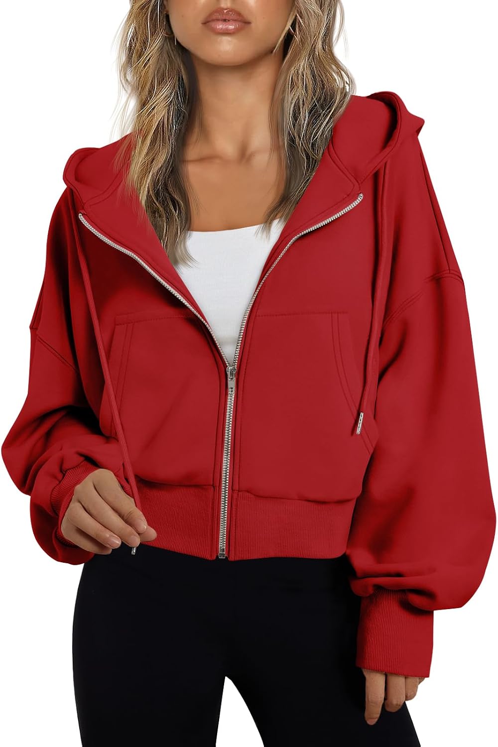 Poppy Women's Cropped Zip-Up Hoodie – Drop Shoulders, Drawstring Hood & Pockets