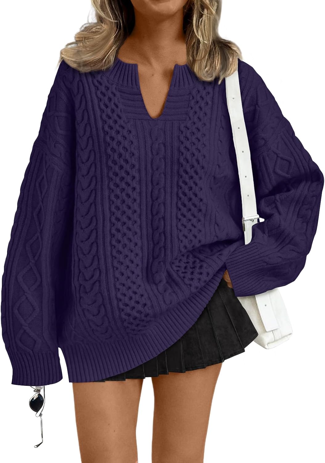 Aurora Women's Cable Knit V-Neck Sweater – Drop Shoulders, Ribbed Trims & Relaxed Fit