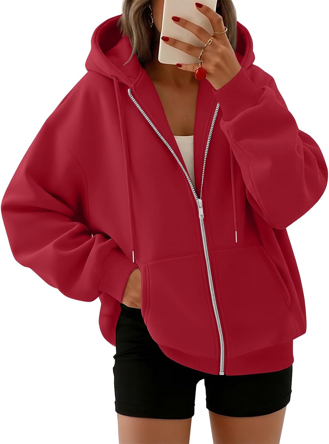 Chloe Women's Oversized Zip-Up Hoodie – Fleece, Drawstring Hood & Side Pockets