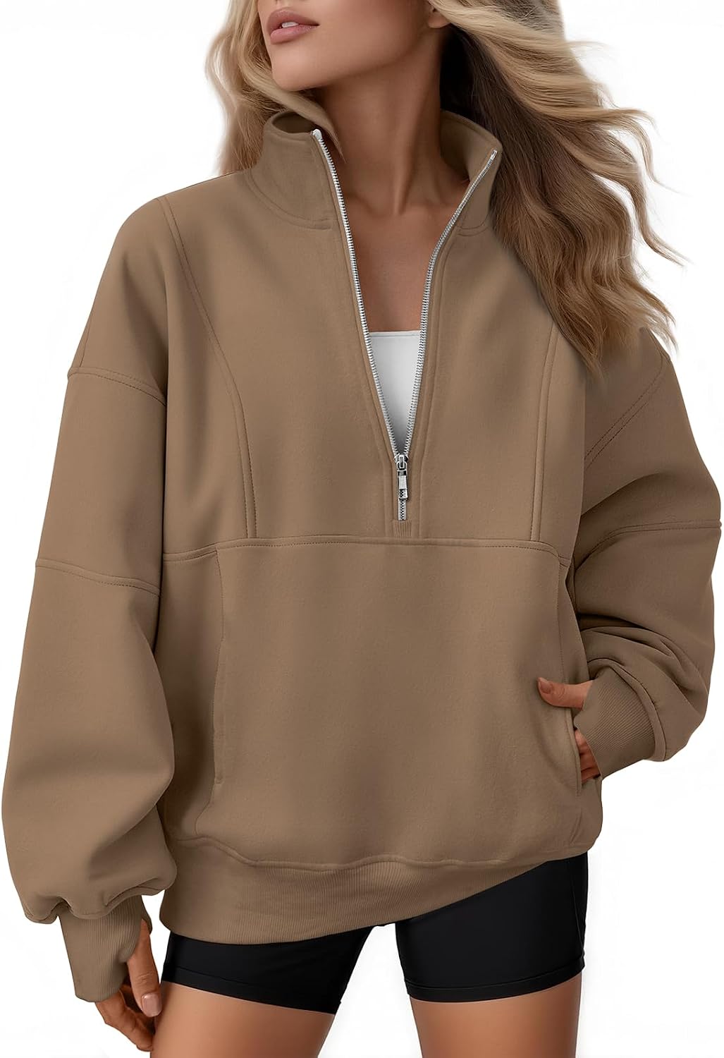 Elaine Women's Oversized Quarter-Zip Sweatshirt – Mock Neck, Fleece Lined & Pockets