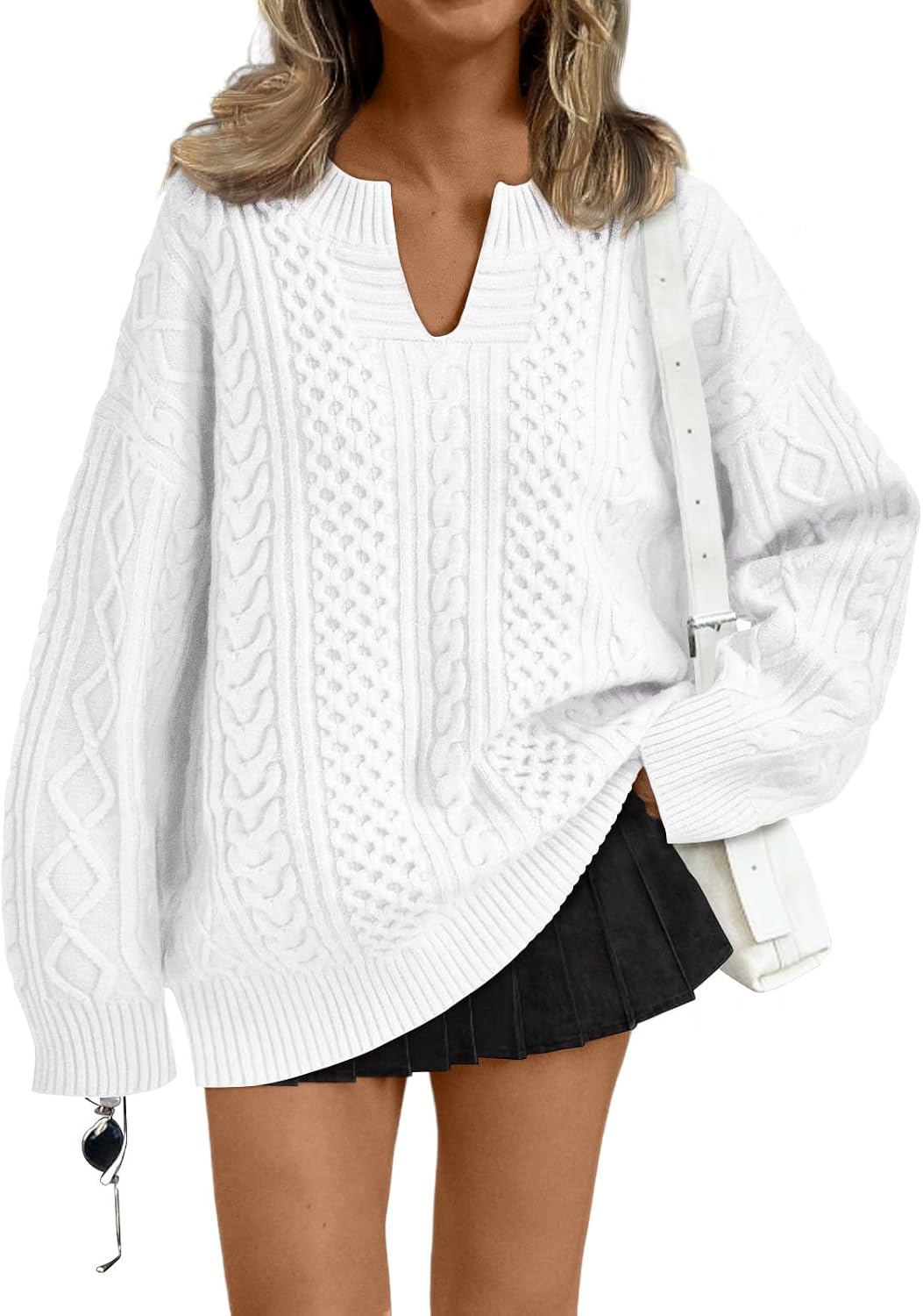 Aurora Women's Cable Knit V-Neck Sweater – Drop Shoulders, Ribbed Trims & Relaxed Fit