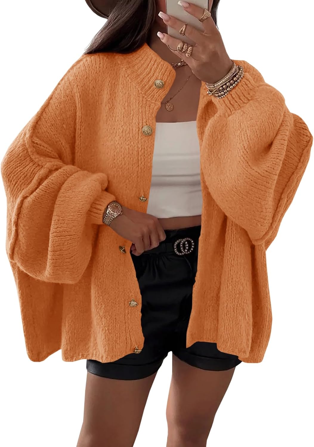 Isla Women's Oversized Cardigan – Lantern Sleeves, Ribbed Knit & Button Front