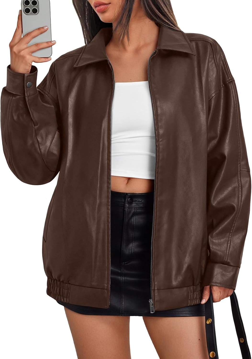Lydia Women's Vegan Leather Bomber Jacket – Oversized Boyfriend Fit & Zip Front