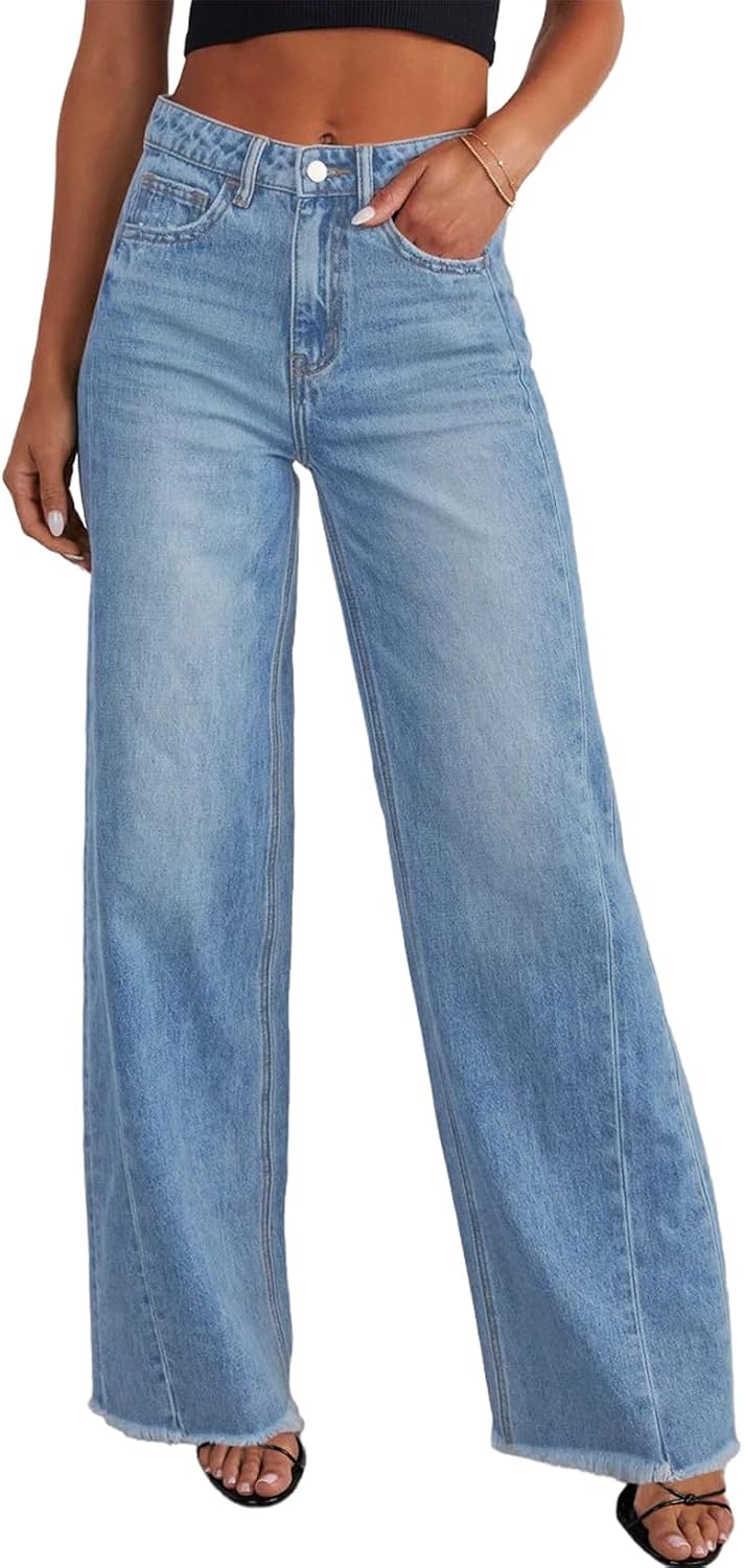 Charlotte Women's Wide-Leg Jeans – High Waist, Raw Hem & Five-Pocket Design