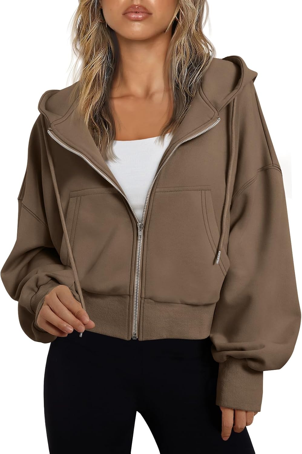 Poppy Women's Cropped Zip-Up Hoodie – Drop Shoulders, Drawstring Hood & Pockets