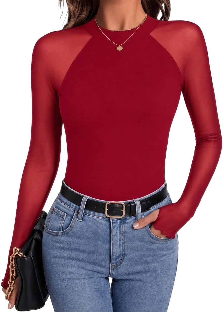 Elowen Women's Floral Mesh Top – Mock Neck, Sheer Raglan Sleeves & Double-Lined Body