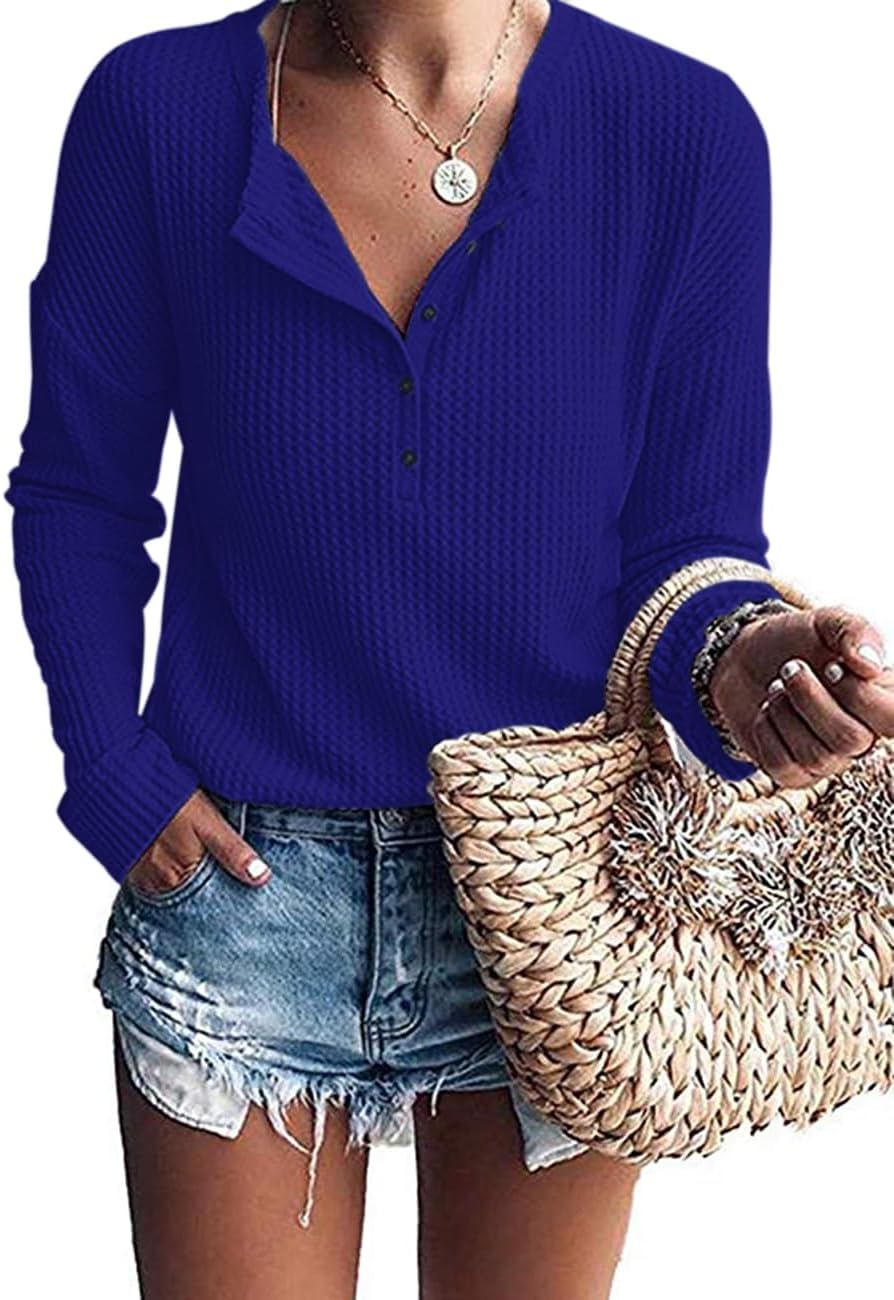 Lucille Women's Waffle Knit Henley Top – V-Neck, Batwing Sleeves & Relaxed Fit