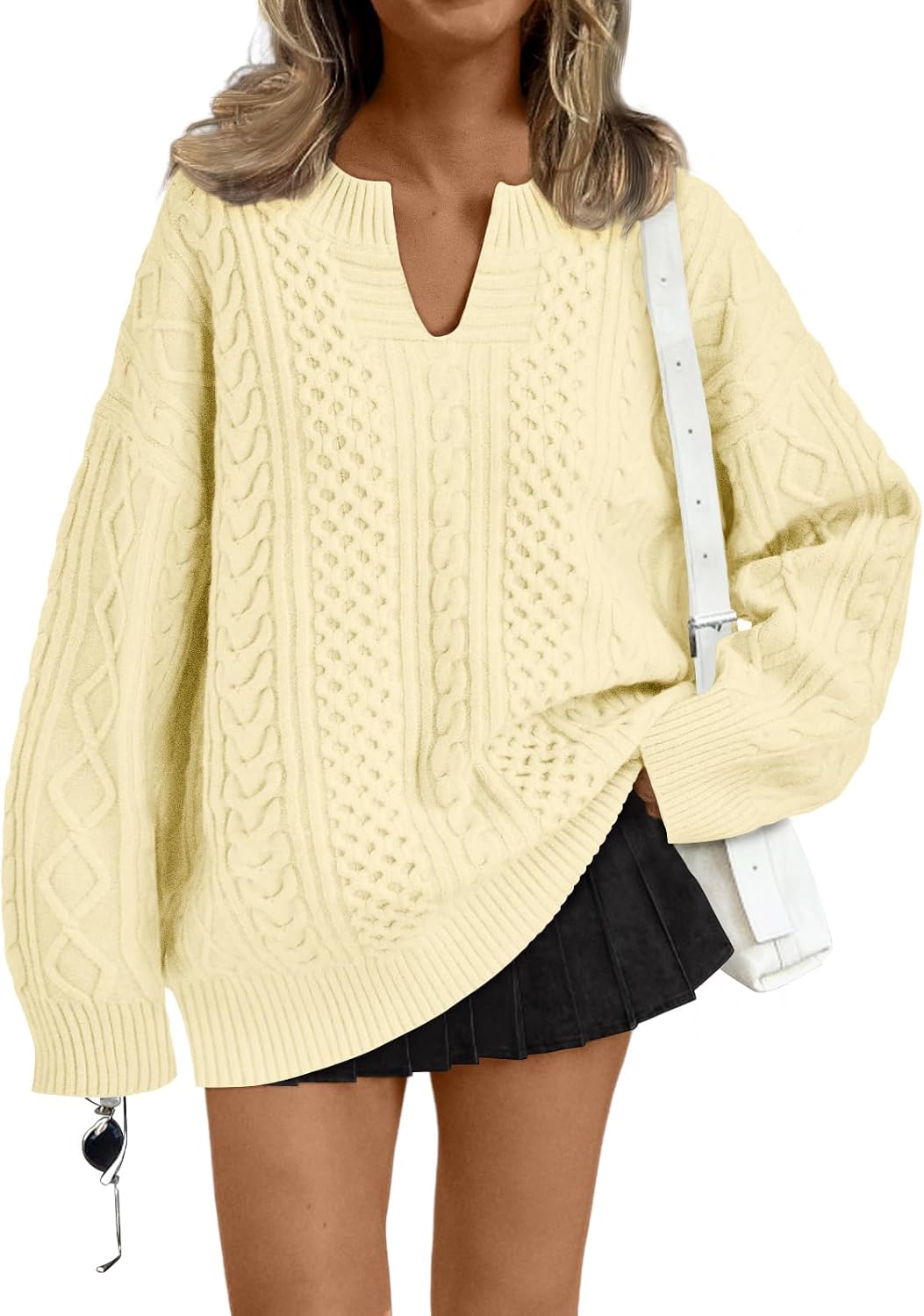 Aurora Women's Cable Knit V-Neck Sweater – Drop Shoulders, Ribbed Trims & Relaxed Fit