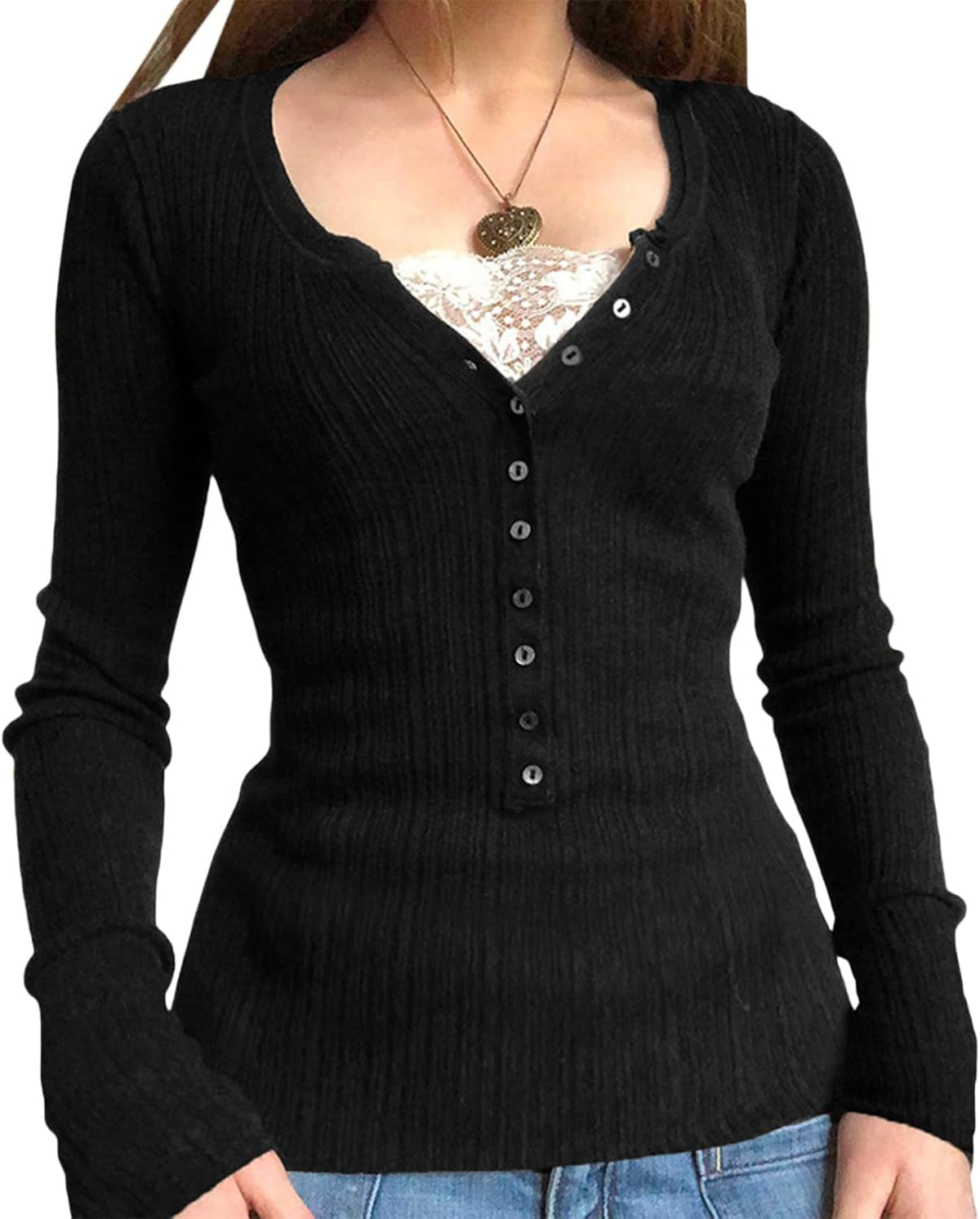 Felicity Women's Lace V-Neck Top – Half Button Front, Long Sleeves & Slim Fit