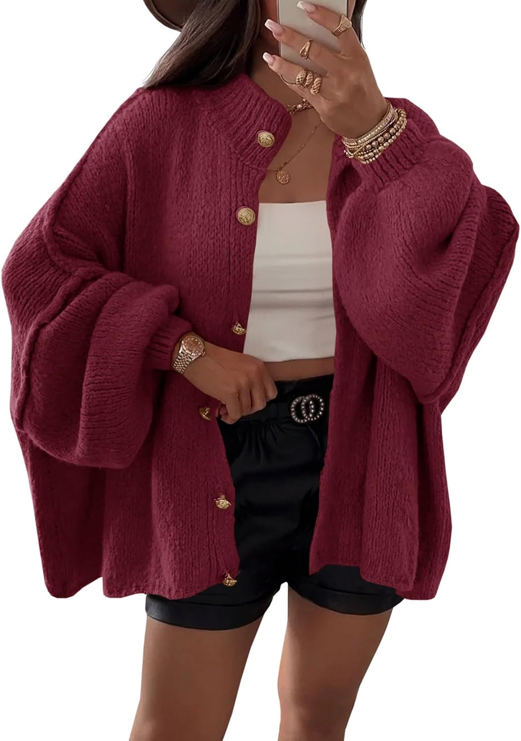 Isla Women's Oversized Cardigan – Lantern Sleeves, Ribbed Knit & Button Front
