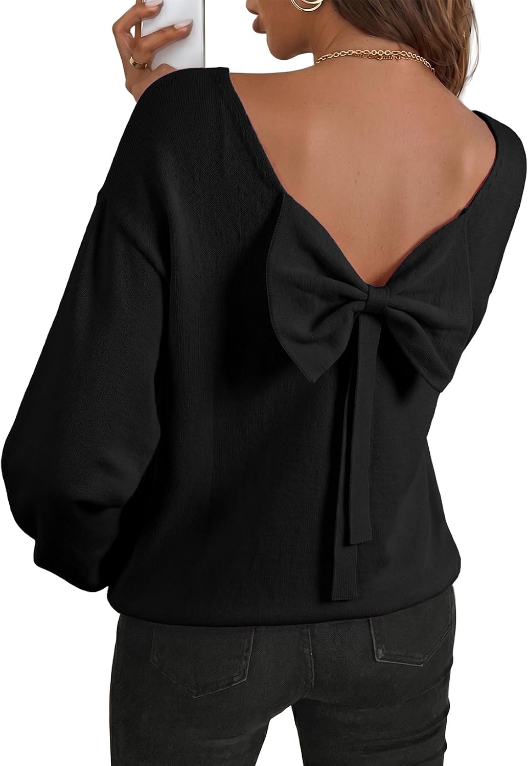 Sylvia Women's Back Bow Knit Sweater – Open Back, Balloon Sleeves & Relaxed Fit