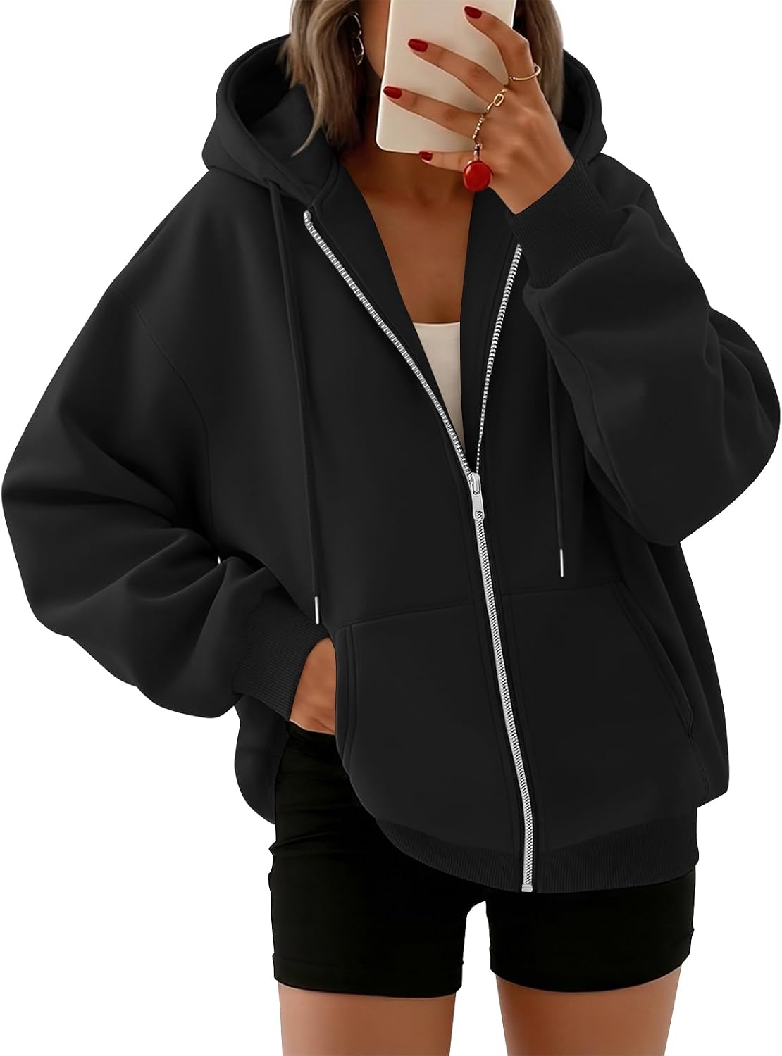 Chloe Women's Oversized Zip-Up Hoodie – Fleece, Drawstring Hood & Side Pockets