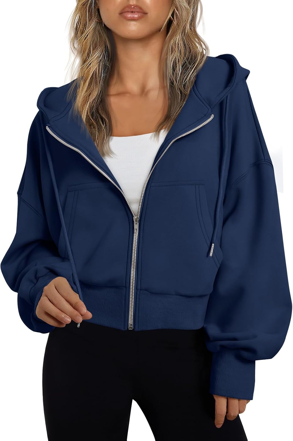 Poppy Women's Cropped Zip-Up Hoodie – Drop Shoulders, Drawstring Hood & Pockets