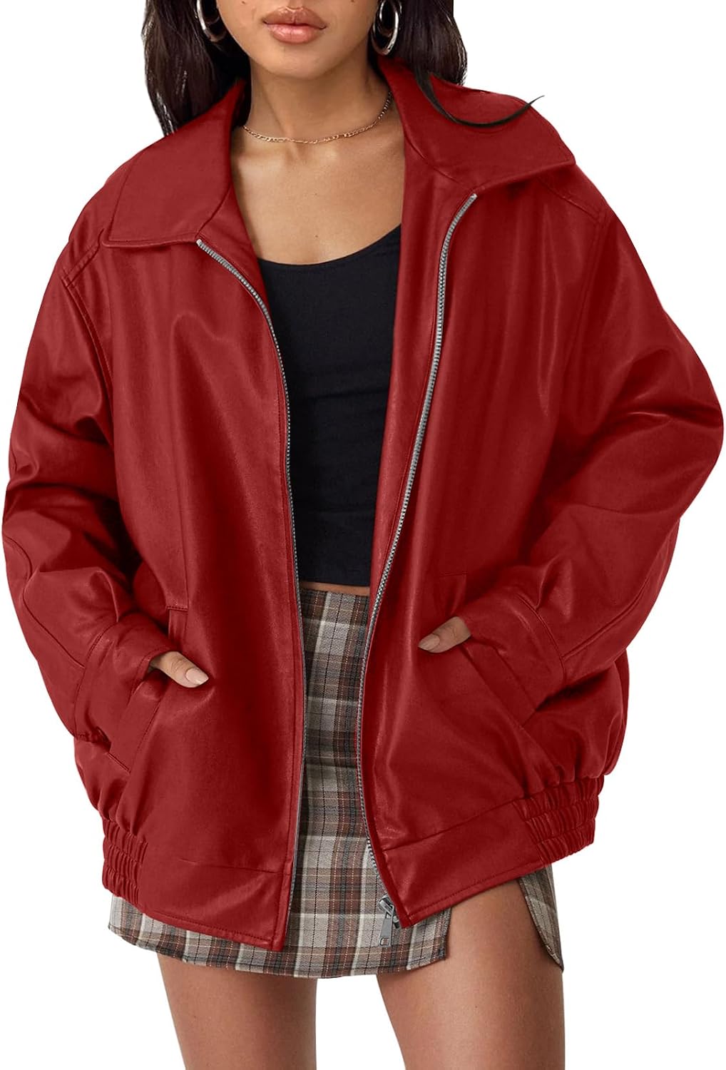 Imogen Women's Oversized Vegan Leather Jacket – Biker Style, Zip Front & Boyfriend Fit