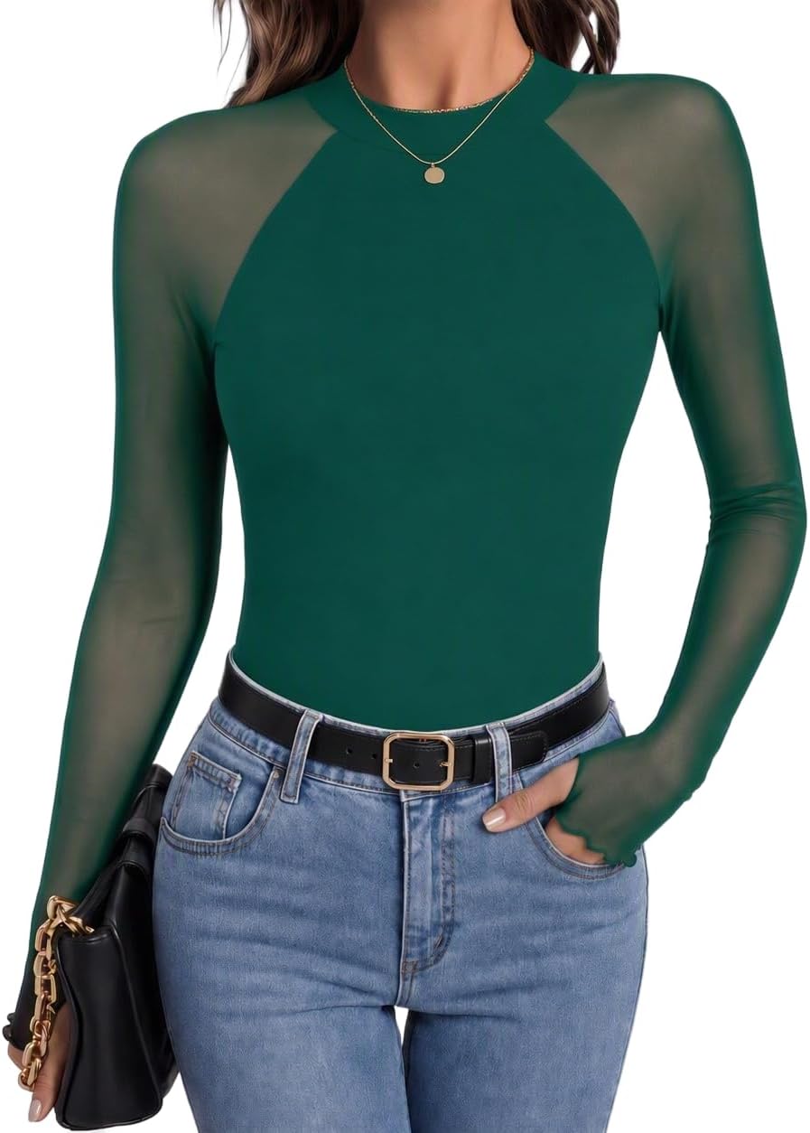 Elowen Women's Floral Mesh Top – Mock Neck, Sheer Raglan Sleeves & Double-Lined Body